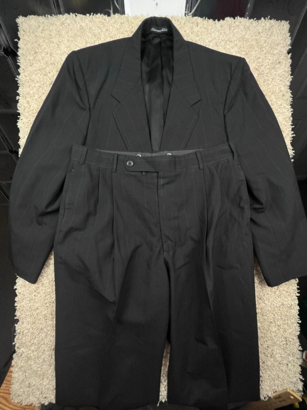 Tom James Black PinStriped Suit Jacket Blazer And Pants USA Size 43L, 34x27 Pant